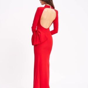 Elegant Red Backless with Bow Long Sleeve Dress Evening Gown